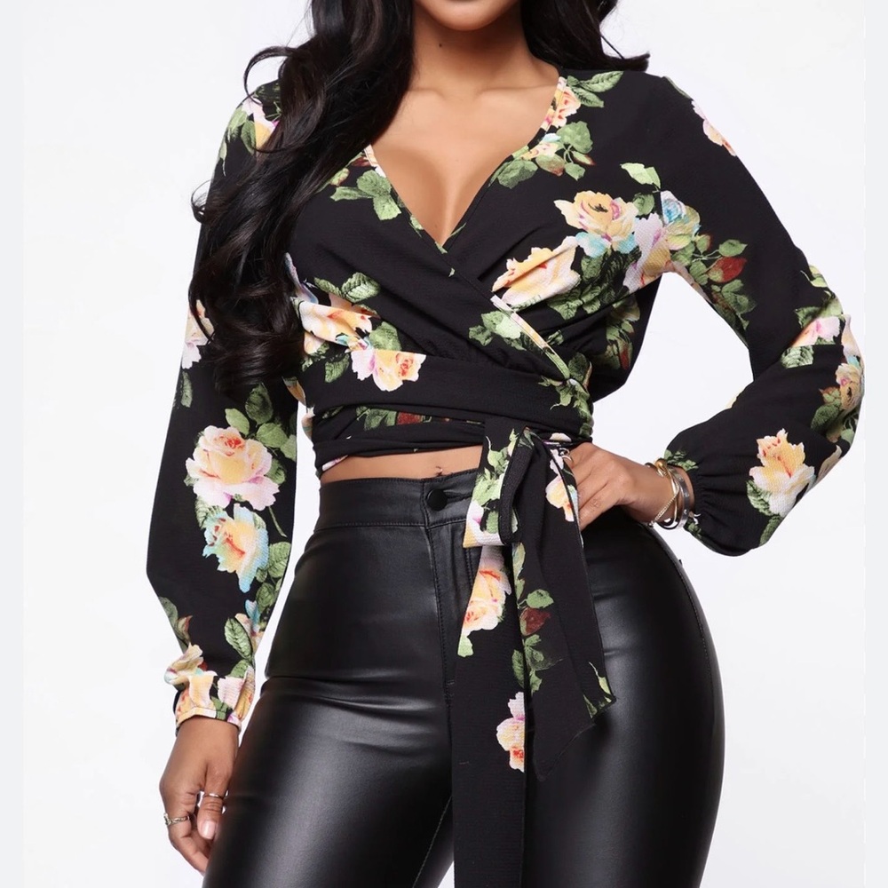 Fashion Nova Black Floral Wrap Blouse - Picture 1 of 6